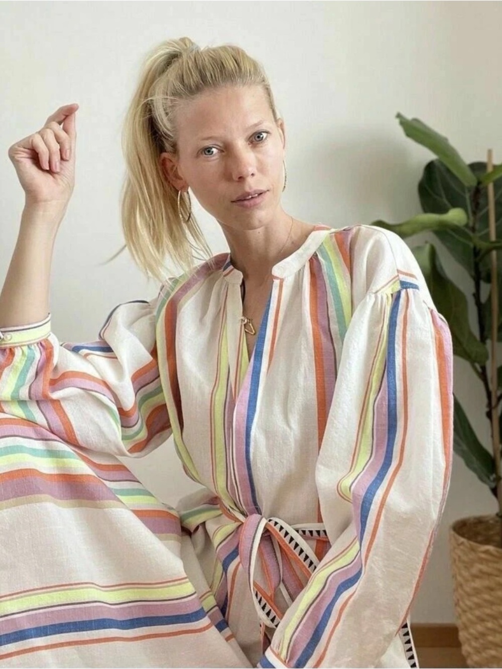 Lemlem x H&M Multicolor Kaftan Dress Colorful Striped Lyocell Medium DESIGNER